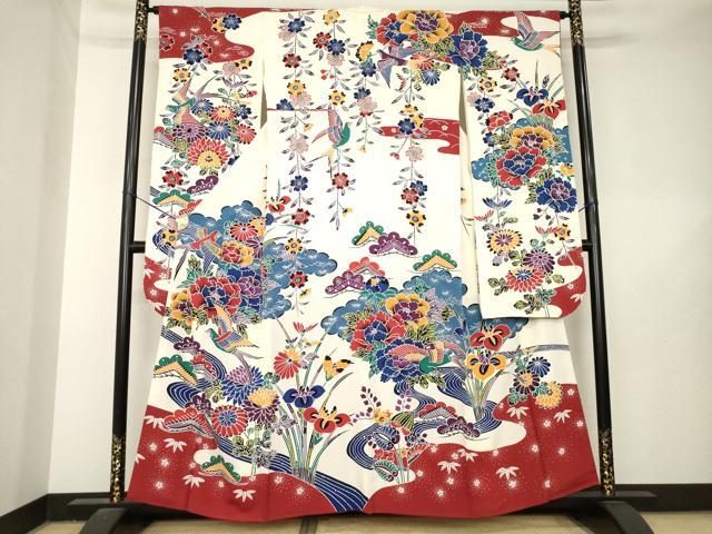 平和屋着物●豪華振袖 紅型 流水花鳥文 正絹 逸品 AABL5551ck