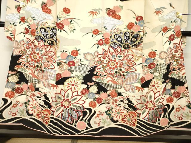 平和屋着物●セミアンティーク 大正ロマン 振袖 立波吉祥花文 正絹 逸品 AABL5605ck