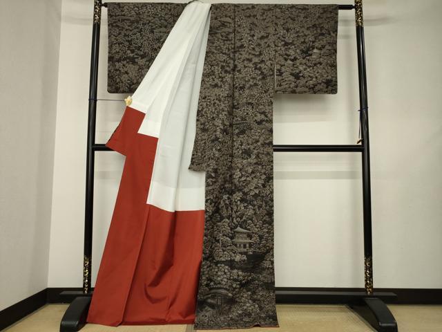 平和屋着物●本場大島紬 訪問着 9マルキ 風景文 正絹 逸品 AABL5619ck