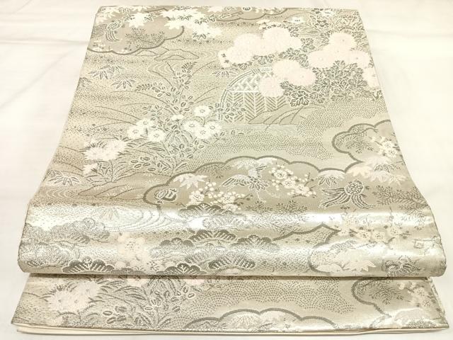 平和屋着物◎六通柄袋帯 唐織 雲取り草花文 プラチナ通し二重箔 正絹 逸品 AABL5644yx