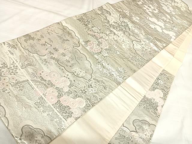 平和屋着物◎六通柄袋帯 唐織 雲取り草花文 プラチナ通し二重箔 正絹 逸品 AABL5644yx