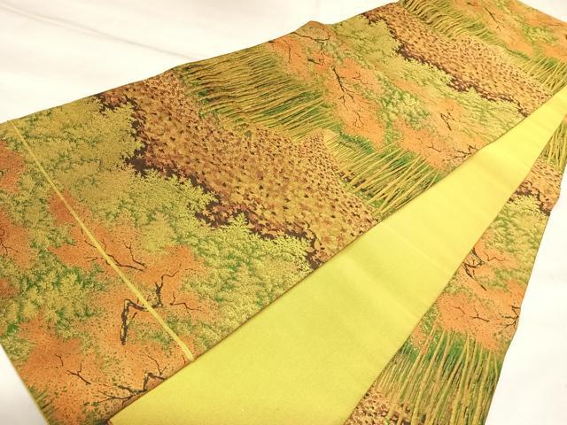 平和屋着物◎山喜織物謹製 萬葉 紹巴 全通柄袋帯 樹林文 正絹 逸品 AABL5650yx