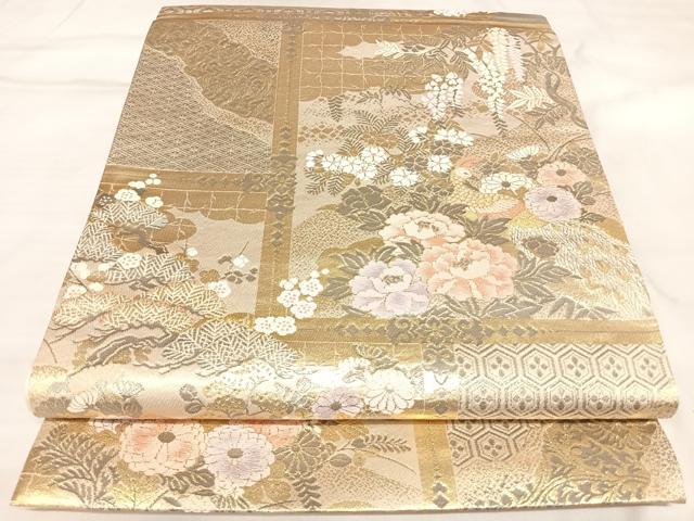 平和屋着物◎六通柄袋帯 花鳥文 プラチナ二重箔 正絹 逸品 AABL5671yx
