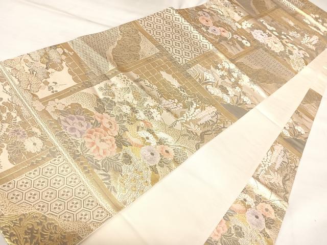 平和屋着物◎六通柄袋帯 花鳥文 プラチナ二重箔 正絹 逸品 AABL5671yx