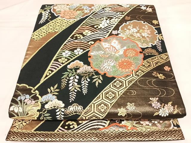 平和屋着物◎六通柄袋帯 唐織 雪輪花蝶文 黒地 金銀糸 正絹 逸品 AABL5707yx