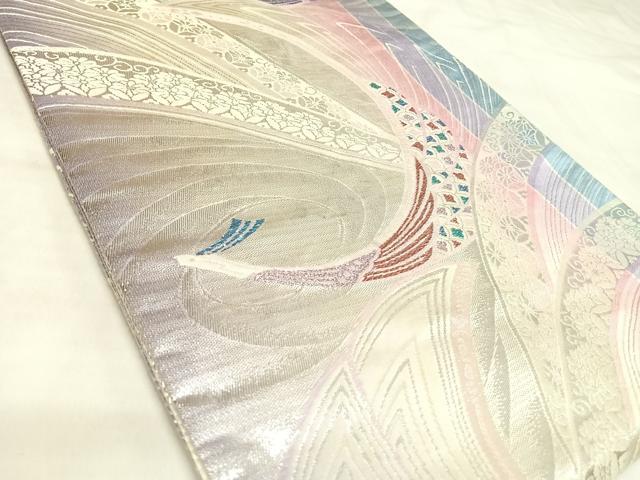 平和屋着物◎両面全通柄袋帯 唐織 孔雀文 銀糸 正絹 逸品 AABL5721yx