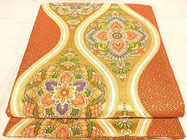 平和屋着物◎六通柄袋帯 唐織 立涌花文 金糸 正絹 逸品 AABL5724yx