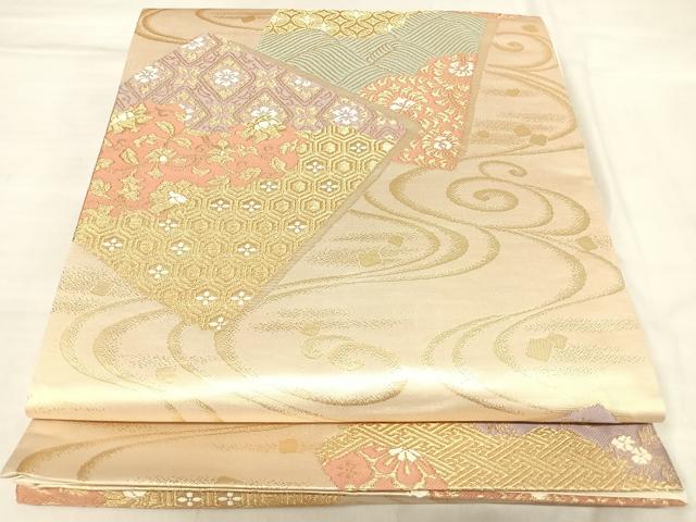 平和屋着物◎全通柄袋帯 唐織 流水色紙重ね花文 金糸 正絹 逸品 AABL5726yx