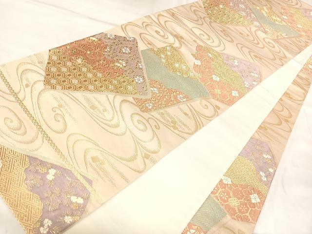 平和屋着物◎全通柄袋帯 唐織 流水色紙重ね花文 金糸 正絹 逸品 AABL5726yx