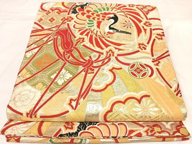 平和屋着物◎アンティーク 大正ロマン 丸帯 唐織 花鼓 鶴 金糸 正絹 逸品 AABL5728yx