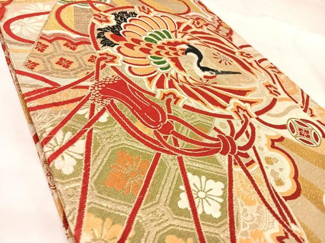 平和屋着物◎アンティーク 大正ロマン 丸帯 唐織 花鼓 鶴 金糸 正絹 逸品 AABL5728yx