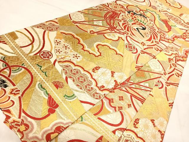 平和屋着物◎アンティーク 大正ロマン 丸帯 唐織 花鼓 鶴 金糸 正絹 逸品 AABL5728yx