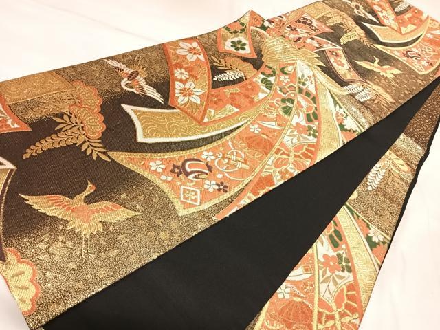 平和屋着物◎六通柄袋帯 束ね熨斗飛鶴花蝶宝尽くし文 金糸 正絹 逸品 AABL5731yx