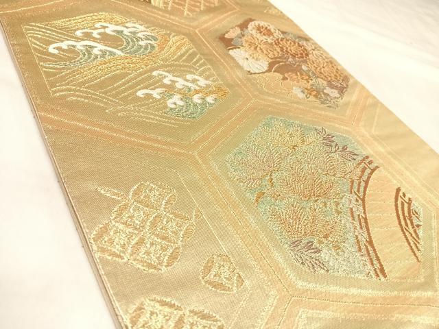 平和屋着物◎六通柄袋帯 唐織 亀甲花文 金糸 正絹 逸品 AABL5783yx