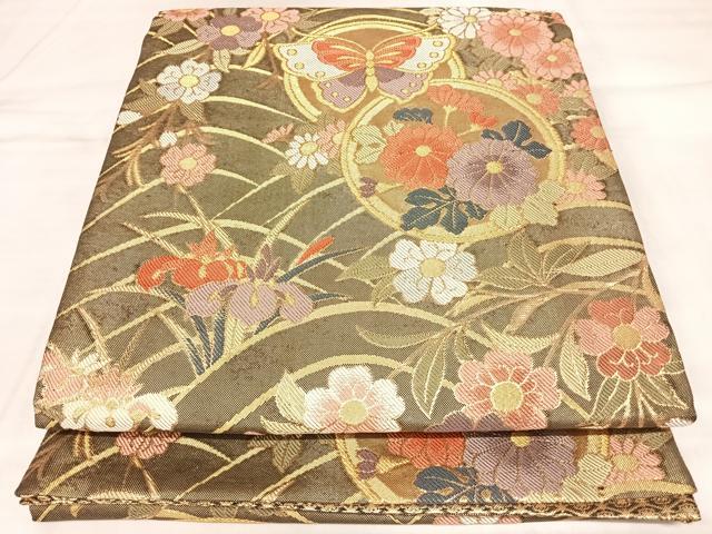 平和屋着物◎佐賀錦 六通柄袋帯 花蝶丸文 金糸 正絹 逸品 AABL5786yx