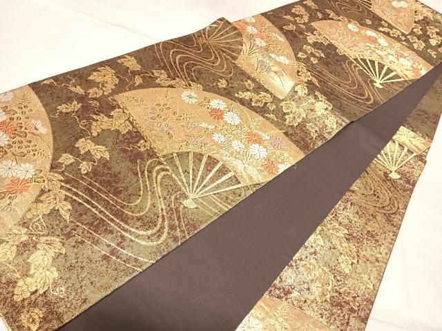 平和屋着物◎六通柄袋帯 唐織 花扇流水文様 金糸 引箔 正絹 逸品 AABL5787yx