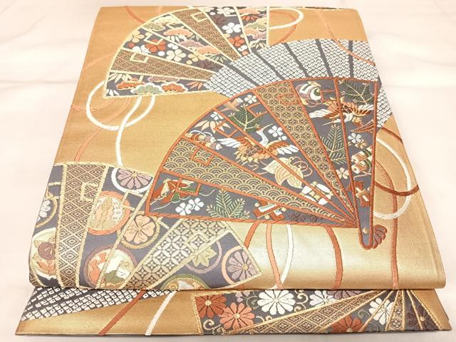 平和屋着物◎六通柄袋帯 唐織 扇面花鳥文 金銀彩 正絹 逸品 AABL5793yx