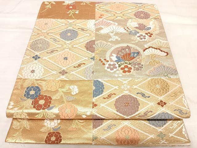 平和屋着物◎六通柄袋帯 唐織 花蝶格子 金銀糸 正絹 逸品 AABL5797yx
