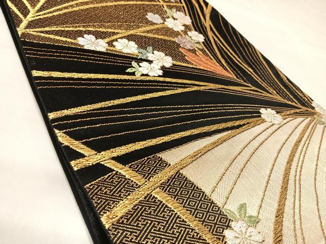 平和屋着物◎六通柄袋帯 唐織 草花文 二重奏 黒地 金銀糸 正絹 逸品 AABL5803yx
