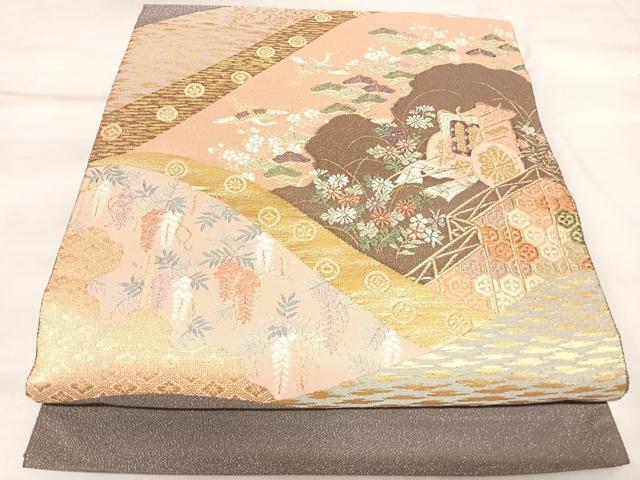 平和屋着物◎綴れ 太鼓柄袋帯 唐織 御所車飛鶴花文 金銀糸 正絹 逸品 AABL5805yx