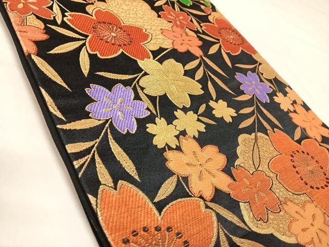 平和屋着物◎全通柄袋帯 枝花文 黒地 金糸 正絹 逸品 AABL5812yx