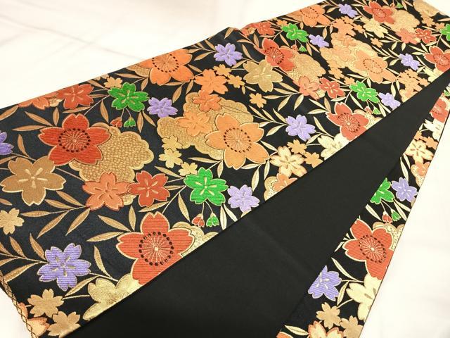 平和屋着物◎全通柄袋帯 枝花文 黒地 金糸 正絹 逸品 AABL5812yx