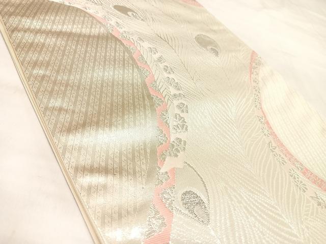 平和屋着物◎六通柄袋帯 唐織 孔雀羽文 銀糸 正絹 逸品 AABL5823yx