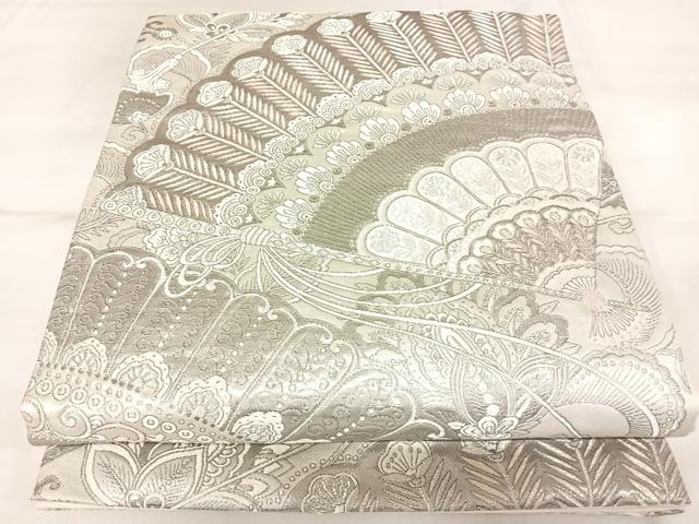平和屋着物◎六通柄袋帯 唐織 扇子孔雀羽花文 銀糸 正絹 逸品 AABL5825yx