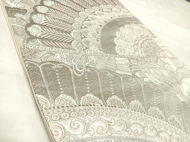 平和屋着物◎六通柄袋帯 唐織 扇子孔雀羽花文 銀糸 正絹 逸品 AABL5825yx