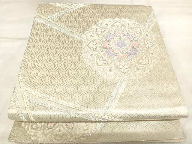 平和屋着物◎六通柄袋帯 唐織 正倉院花文 銀糸 正絹 逸品 AABL5831yx