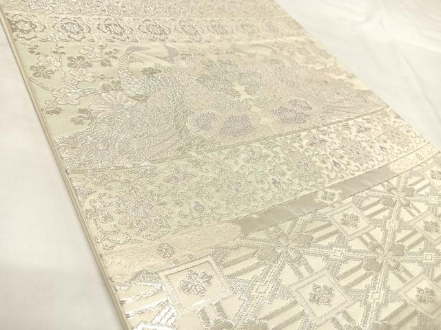 平和屋着物◎六通柄袋帯 横段孔雀花文 銀糸 正絹 逸品 AABL5834yx