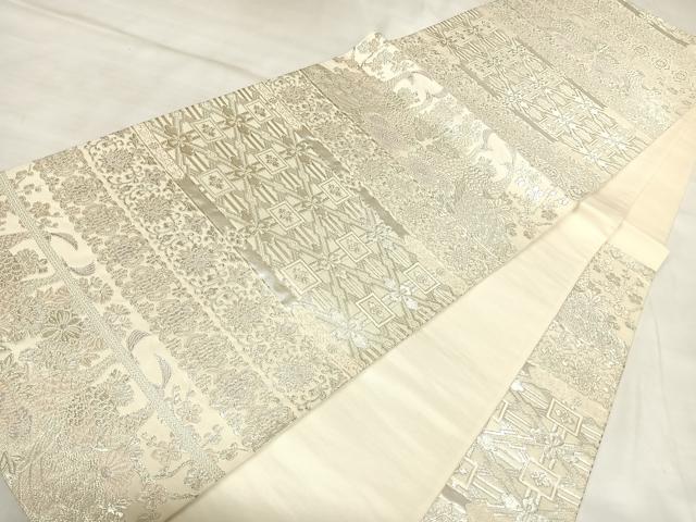 平和屋着物◎六通柄袋帯 横段孔雀花文 銀糸 正絹 逸品 AABL5834yx