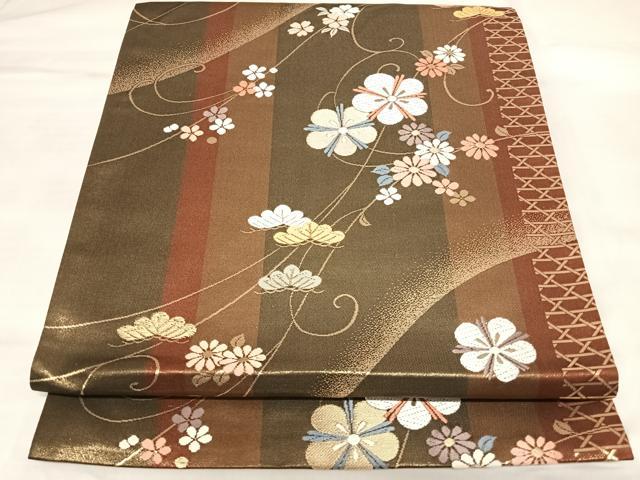 平和屋着物◎六通柄袋帯 唐織 花唐草文 松 金糸 正絹 逸品 AABL5835yx
