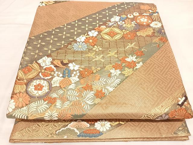 平和屋着物◎六通柄袋帯 唐織 花鳥宝尽くし 金糸 正絹 逸品 AABL5837yx