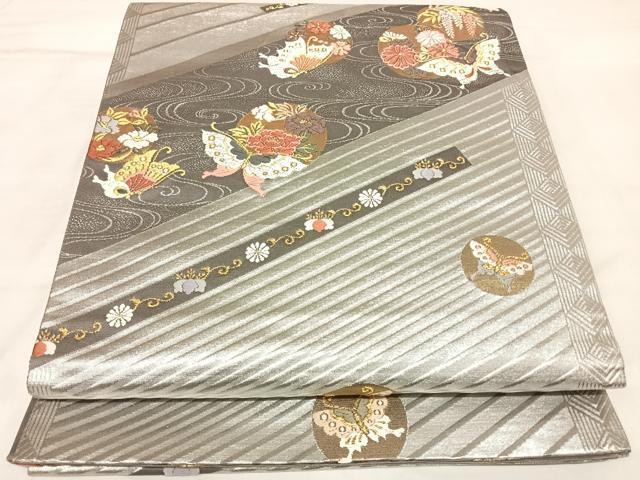 平和屋着物◎両面 全通柄袋帯 唐織 花蝶丸文 金銀糸 正絹 逸品 AABL5839yx