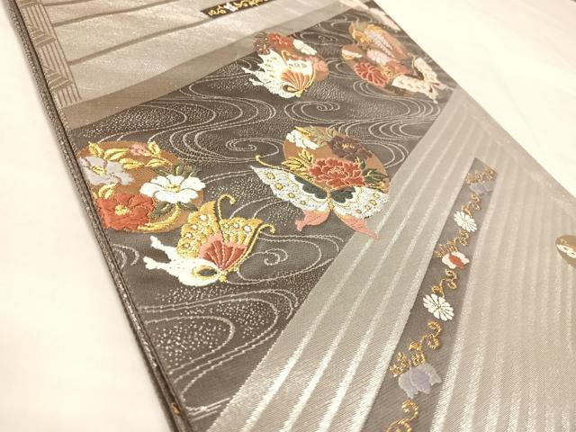平和屋着物◎両面 全通柄袋帯 唐織 花蝶丸文 金銀糸 正絹 逸品 AABL5839yx