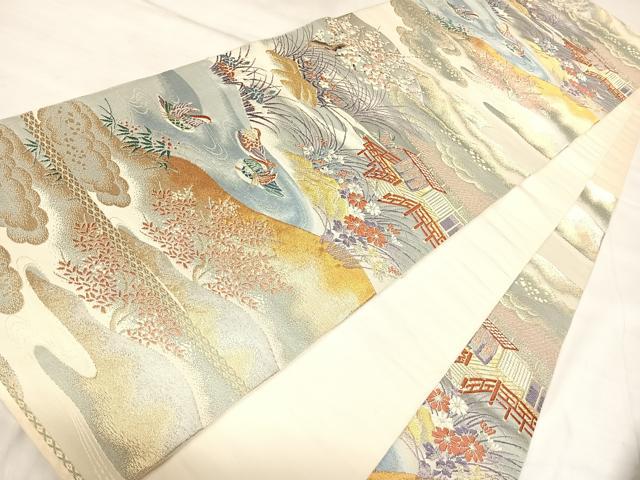 平和屋着物◎六通柄袋帯 唐織 鴛鴦梅風景文 金銀糸 正絹 逸品 AABL5850yx
