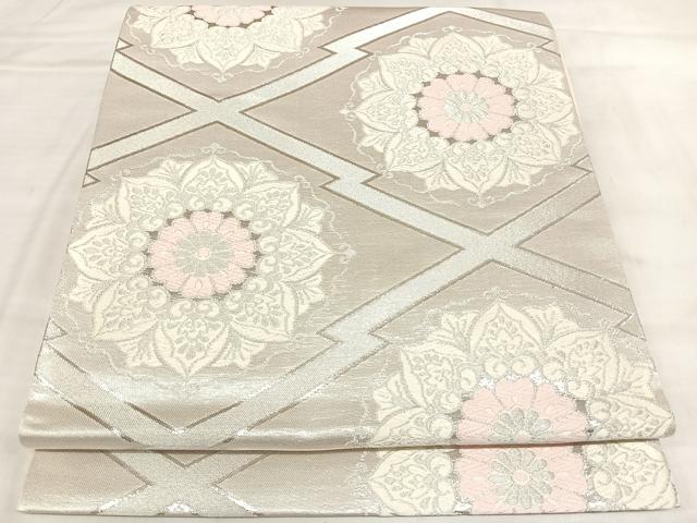 平和屋着物◎六通柄袋帯 唐織 松皮菱正倉院花文 銀糸 正絹 逸品 AABL5851yx