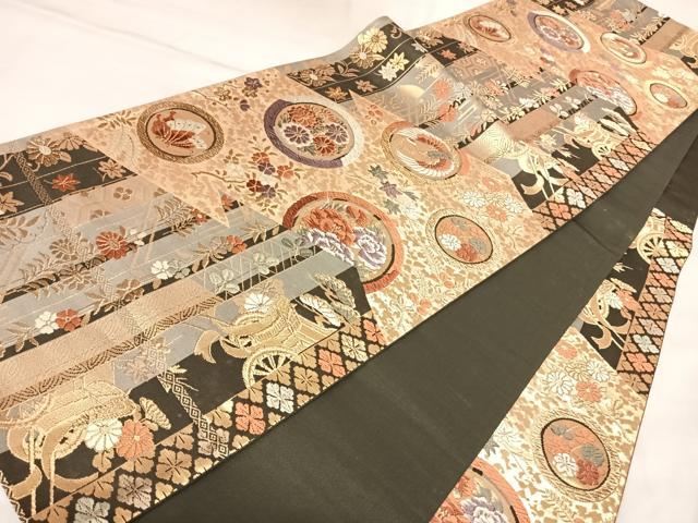 平和屋着物◎六通柄袋帯 唐織 御所車花蝶鶴丸文 金糸 正絹 逸品 AABL5856yx