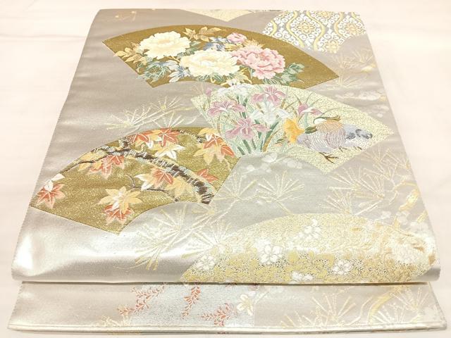 平和屋着物◎六通柄袋帯 唐織 粋花鳥扇面文 金銀糸 正絹 逸品 AABL5858yx