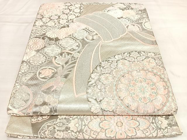 平和屋着物◎六通柄袋帯 唐織 西域熨斗目華文 プラチナ箔 銀糸 正絹 逸品 AABL5861yx