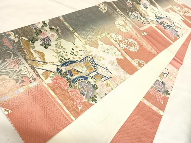 平和屋着物◎六通柄袋帯 唐織 御所車花文 金糸 正絹 逸品 AABL5862yx