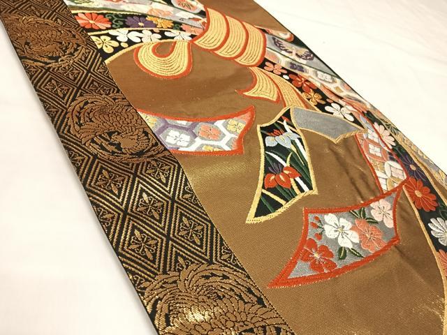平和屋着物◎六通柄袋帯 唐織 束ね熨斗花蝶文 金銀糸 正絹 逸品 AABL5866yx