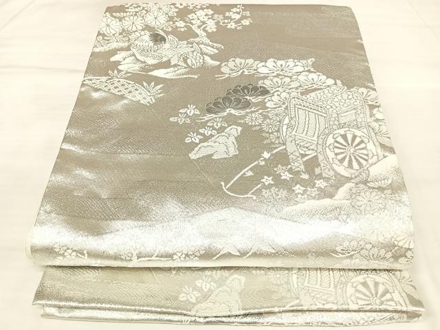 平和屋着物◎六通柄袋帯 唐織 御所車花鳥文 プラチナ銀箔二重織 正絹 逸品 AABL5869yx