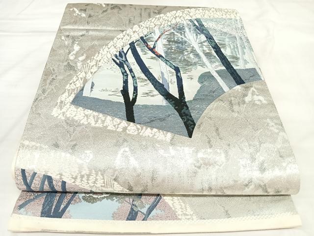 平和屋着物◎六通柄袋帯 唐織 地紙樹林文 銀糸 正絹 逸品 AABL5872yx