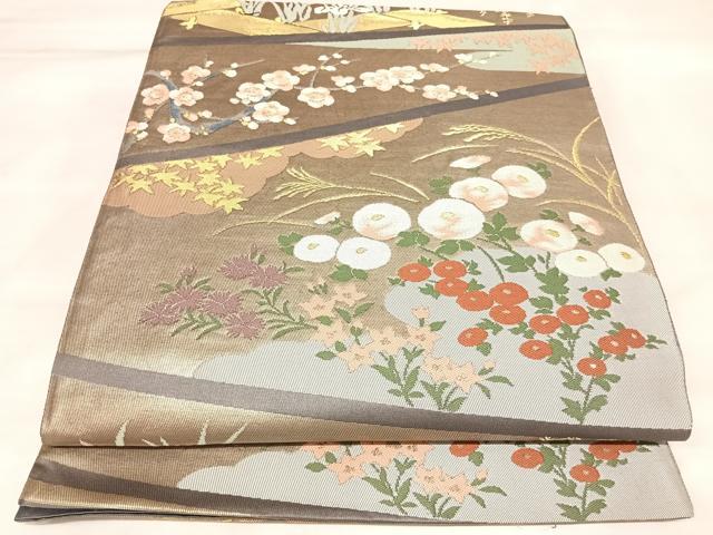 平和屋着物◎六通柄袋帯 唐織 草花文 梅 金糸 正絹 逸品 AABL5884yx