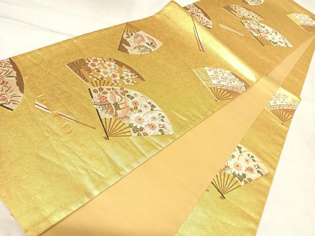 平和屋着物◎六通柄袋帯 扇面花鳥文 金糸 正絹 逸品 AABL5885yx