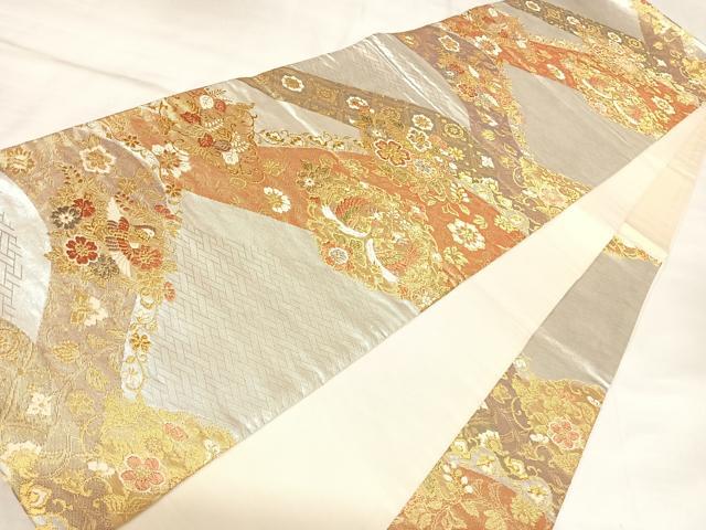 平和屋着物◎六通柄袋帯 唐織 向かい鳳凰花丸文 金銀糸 正絹 逸品 AABL5906yx