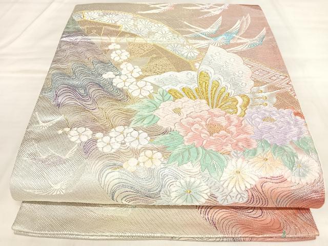 平和屋着物◎六通柄袋帯 唐織 飛鶴花蝶文 金銀糸 正絹 逸品 AABL5910yx