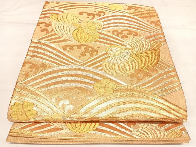 平和屋着物◎佐賀錦 六通柄袋帯 立波鴛鴦花文 金糸 正絹 逸品 AABL5919yx